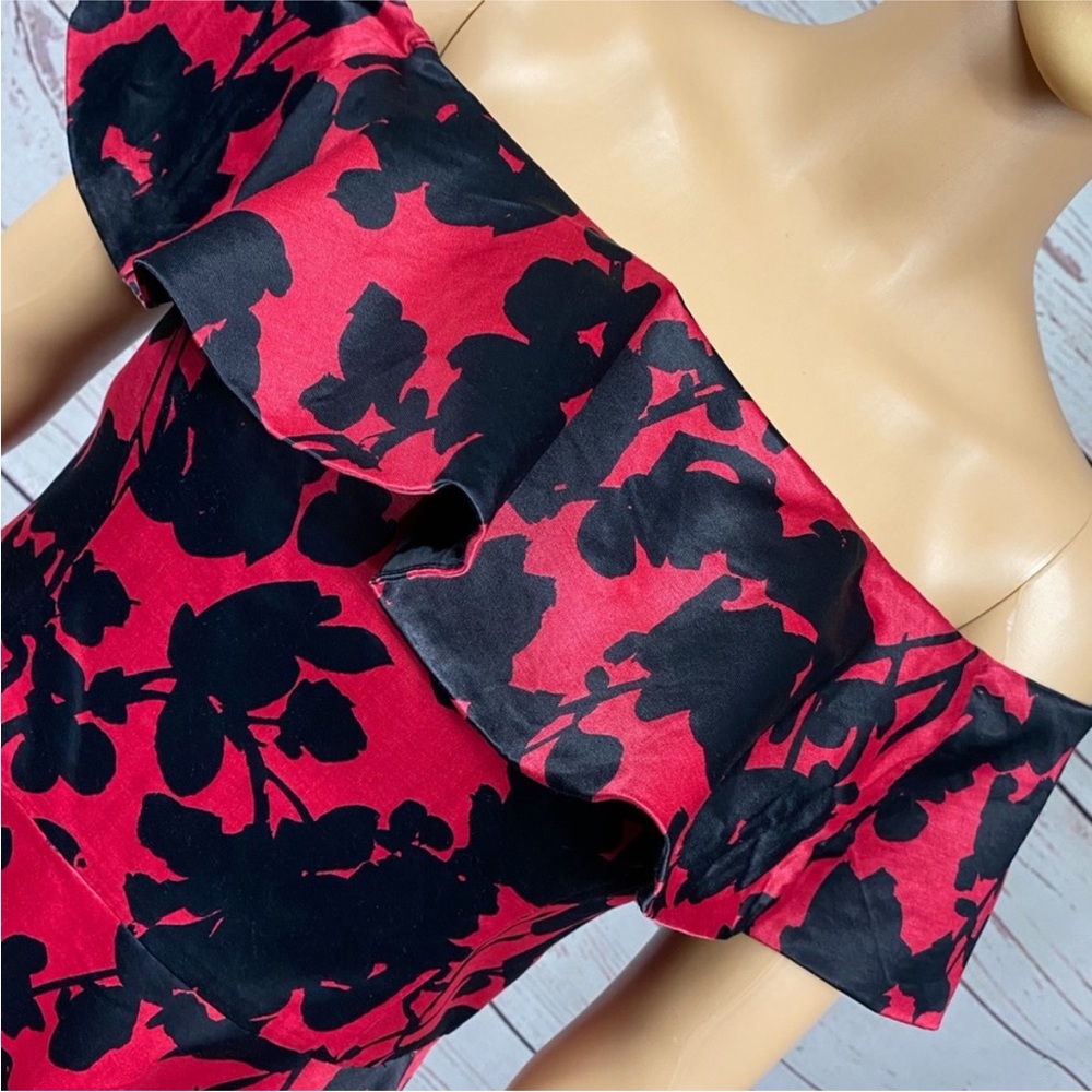 Topshop Floral Satin Off-The-Shoulder Mini Dress - Picture 3 of 11
